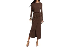 KIRUNDO Women’s Cocktail Wedding Guest Maxi Dress Lightweight Long Sleeve Boat Neck Knit Ruched Slit Slimming Dresses
