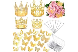 VSHINIC 152 Pcs Flower Bouquet Accessories,100 Corsage Bouquet Pins 48 3D Butterfly Wall Decor Bulk and 4 Mini Crown Cake Topper for Festival,Mother's Day,Birthday,Wedding,Party and DIY Crafts.
