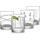 Joeyan Hand Blown Etched Whiskey Glasses,Old Fashioned Tumblers with Stripes Dots Pattern,Clear Carved Rocks Glasses,Scotch Bourbon Glassware for Party Anniversary,13.5 oz,Set of 4,Dishwasher Safe