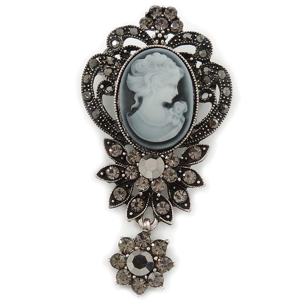 Vintage Inspired Dark Grey/Hematite Crystal Cameo with Charm Brooch In Antique Silver Tone - 65mm L