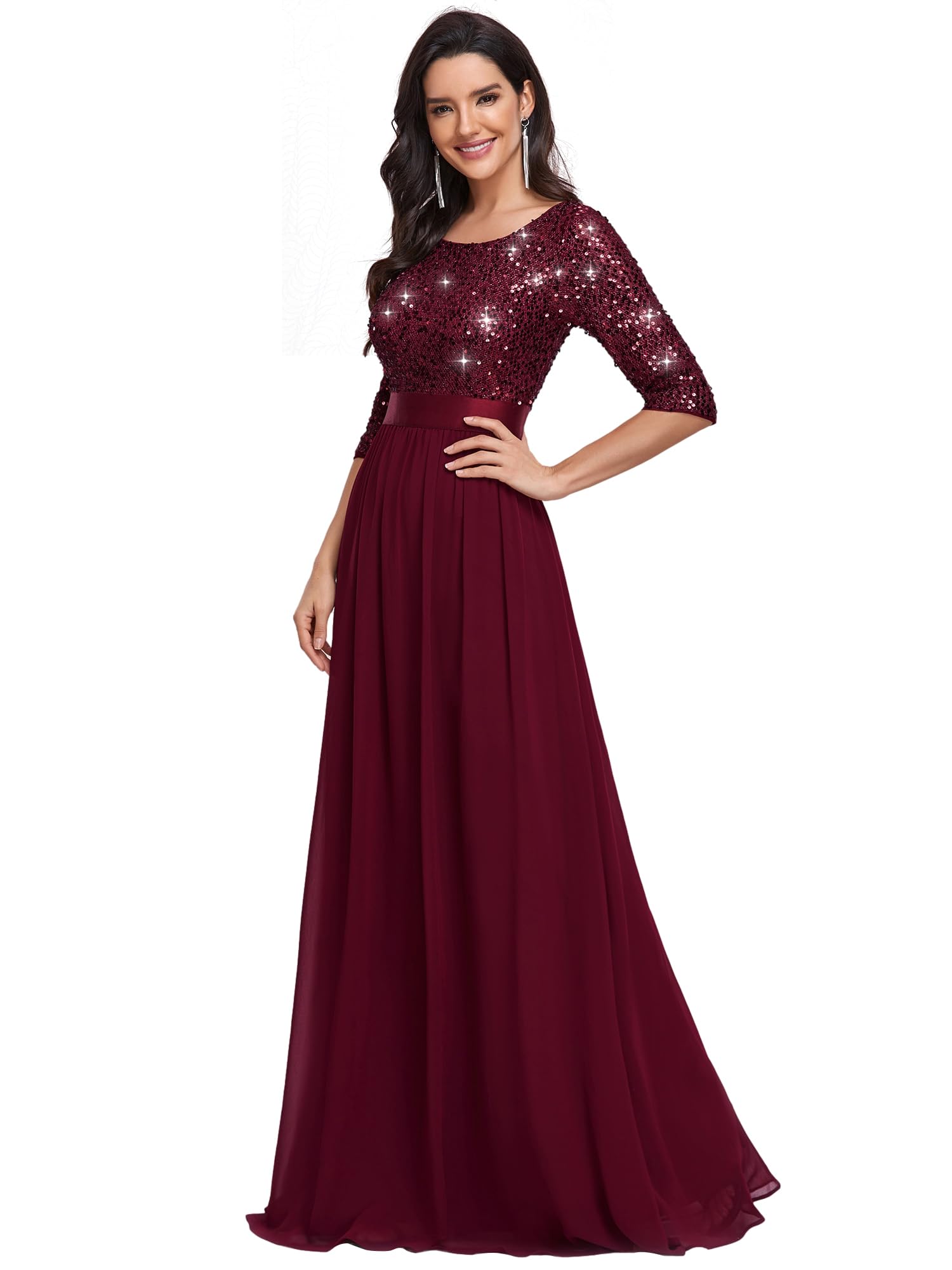 Photo 1 of Ever-Pretty Women's Elegant A Line Crew Neck Half Sleeve Sequin Evening Dress Burgundy US04