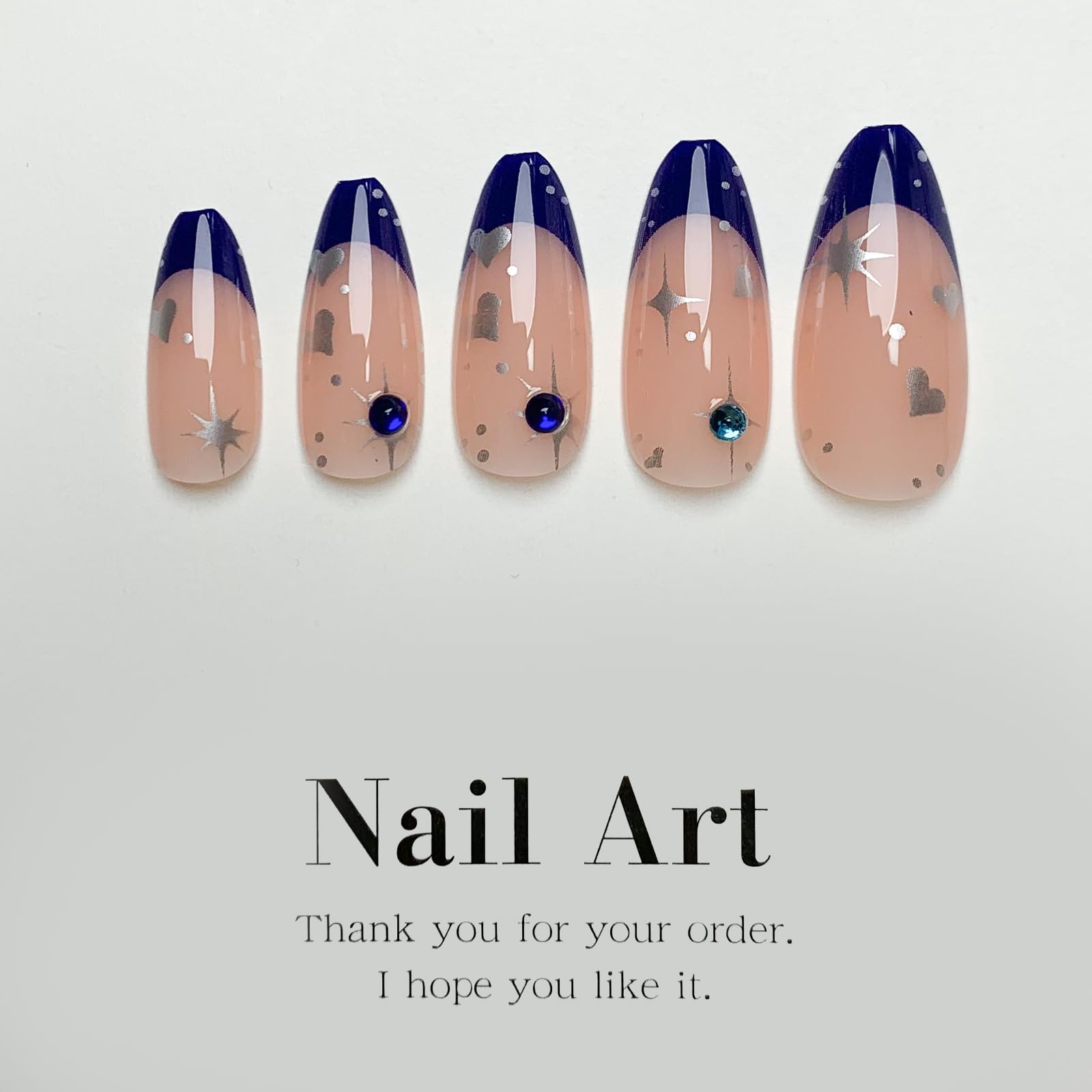 French Tip Press on Nails Medium Almond Fake Nails Blue Nails Tips Star Acrylic Nails with Rhinestone Glue on Nails Glossy Stick on Nails Artificial False Nails for Women Girls 24 Pcs - Image 2