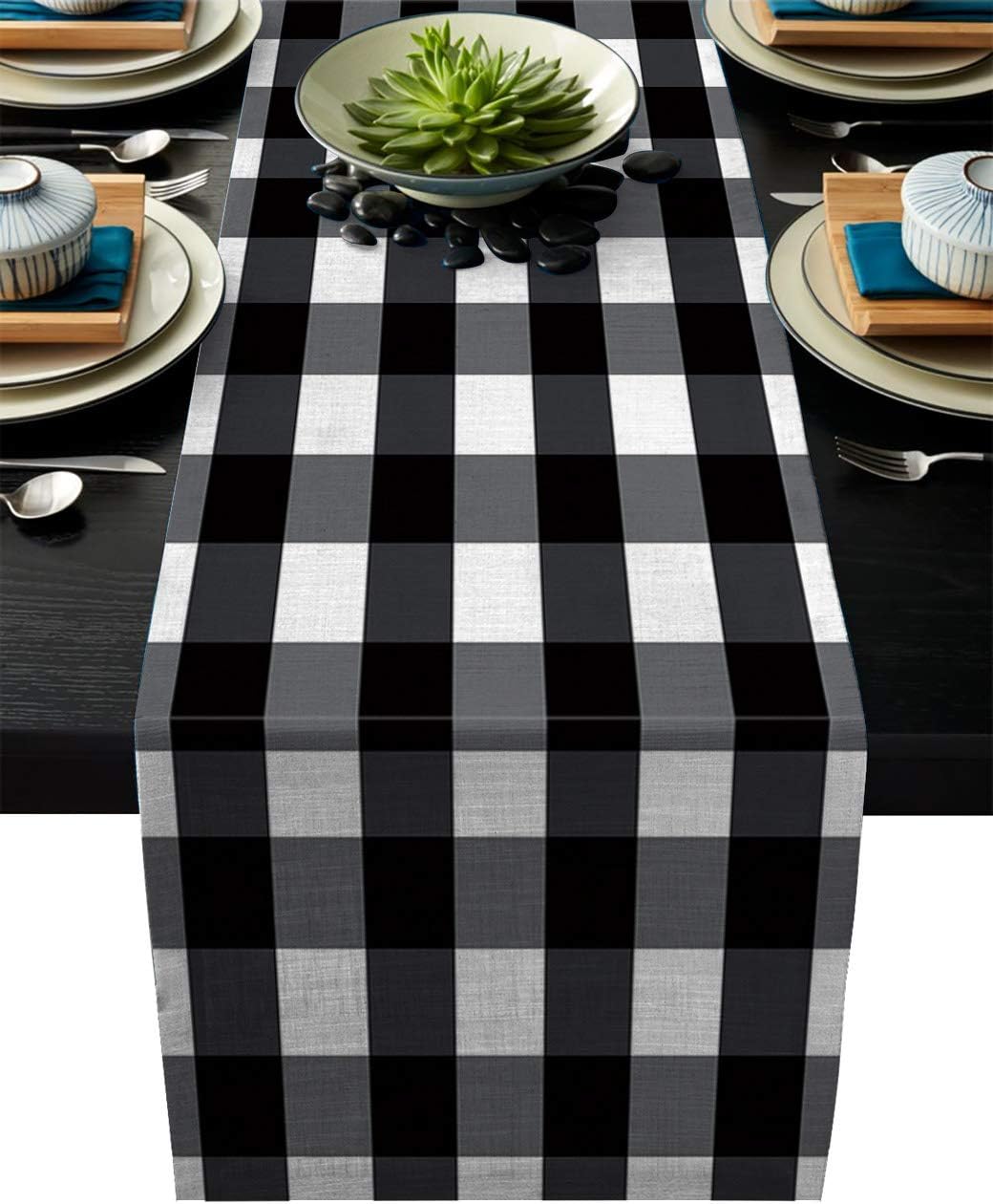 Greeeen Linen Burlap Table Runner, Buffalo Check Kitchen
