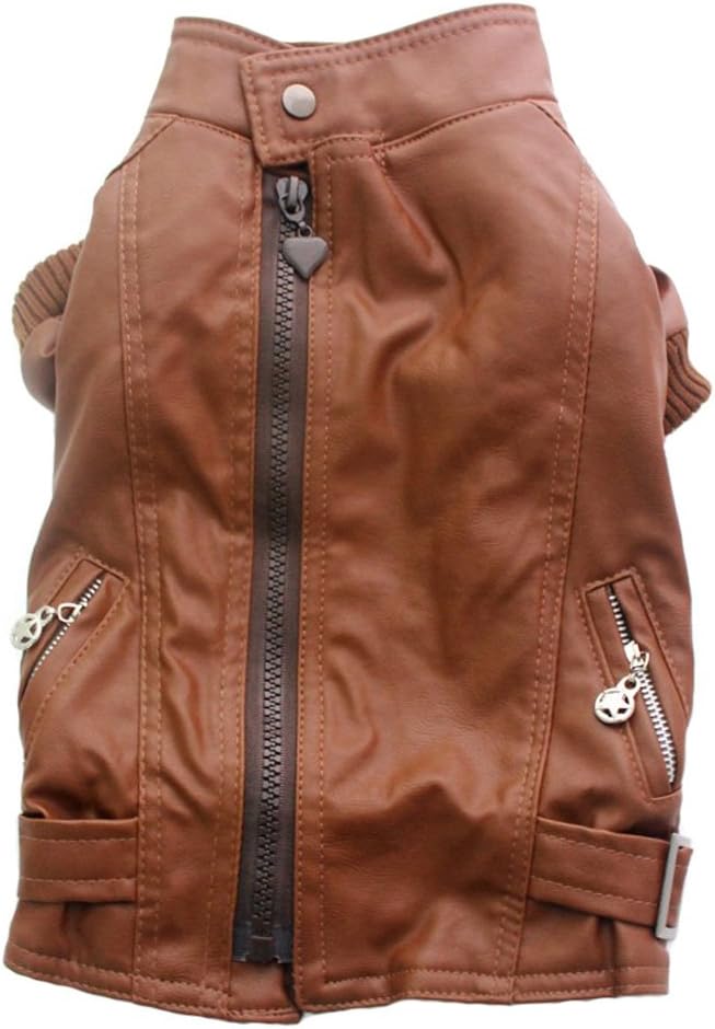 Pet Puppy Leather Coat Jacket Zipper Pockets Clothes (M, Brown)