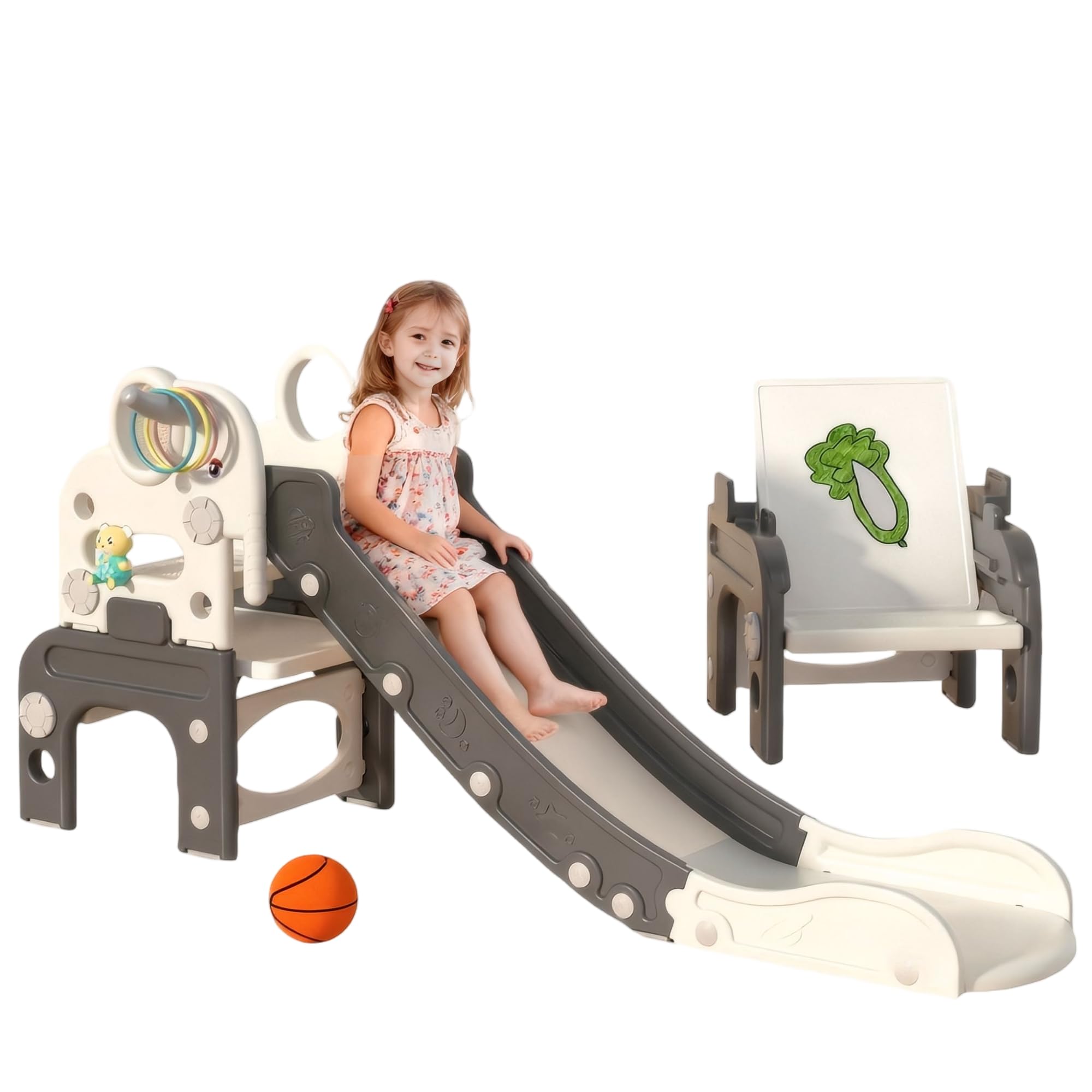 Yosamy 8-in-1 Multifunctional Kids Slide, Freestanding Slide with Basketball Hoop & Early Education Machine, Table & Chairs Set for 3+ Toddlers, Indoor Outdoor Polyethylene Play Equipment (Grey)