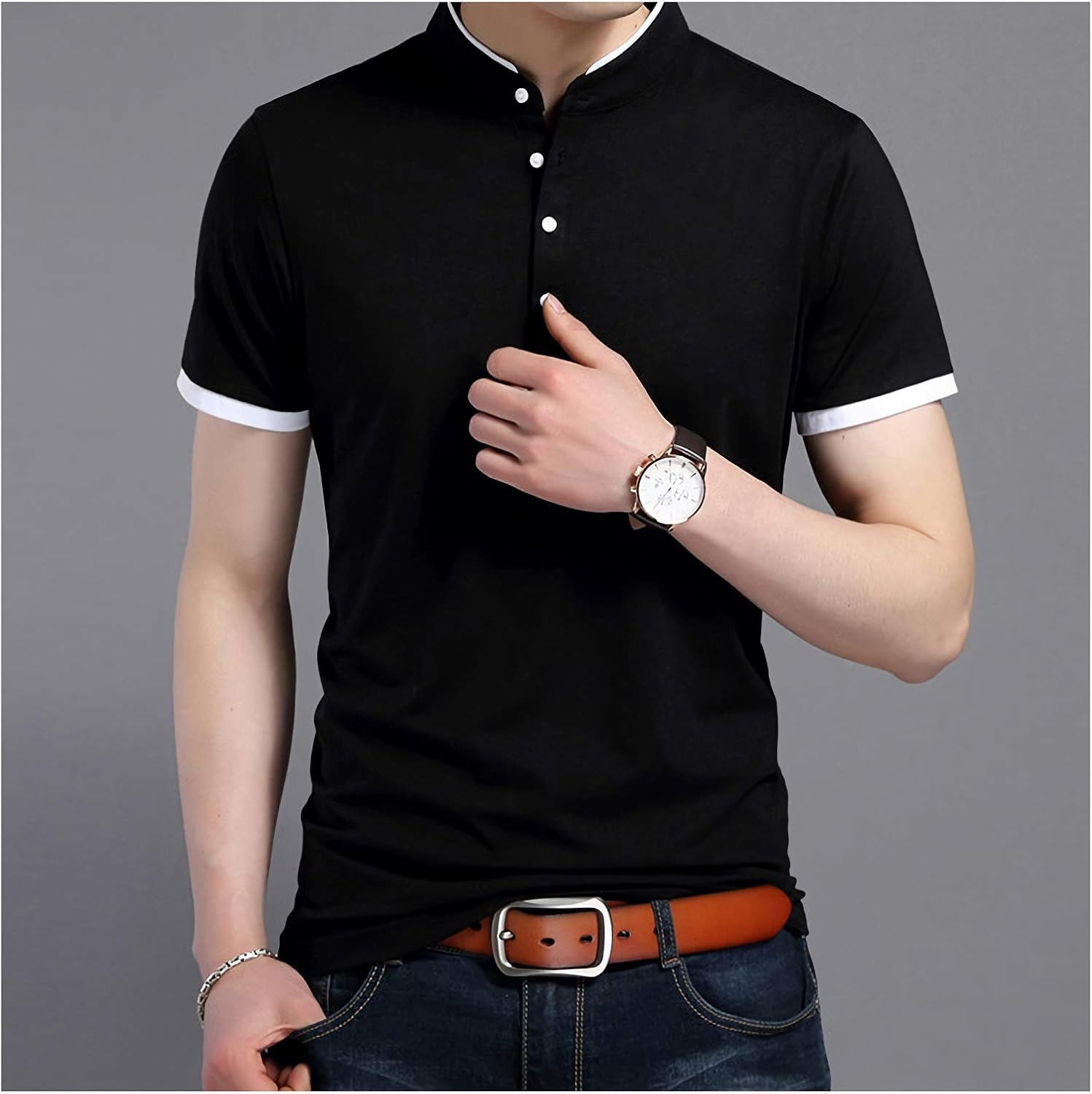 [Limore(リモア)] バンドカラー カジュアル ポロシャツ シンプル デザイン 立ち襟 半袖 シャツ メンズ 半そで 襟 スタンド カラー ボタン Tシャツ 大人 スタイル カットソー トップス 無地 インナー スポーツ キレイ目 キレイメ ドライ ゴルフ ウェア ファッション 男性 用 紳士 服 ストレート 二重 袖 モテ コーデ オシャレ 御洒落 お洒落 (03.XL, ブラック)