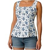 Dynvernal Floral Tank Top for Women Summer Cute Square Neck Sleeveless Lace Up Shirts Boho Tops