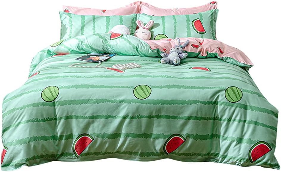 Kids Watermelon Comforter Cover Modern Geometric Stripes Bedding Set Single Pink Girly Double Duvet Cover For Girls Boys Women Bedroom Breathable Green Quilt Cover With Corner Ties — image 1