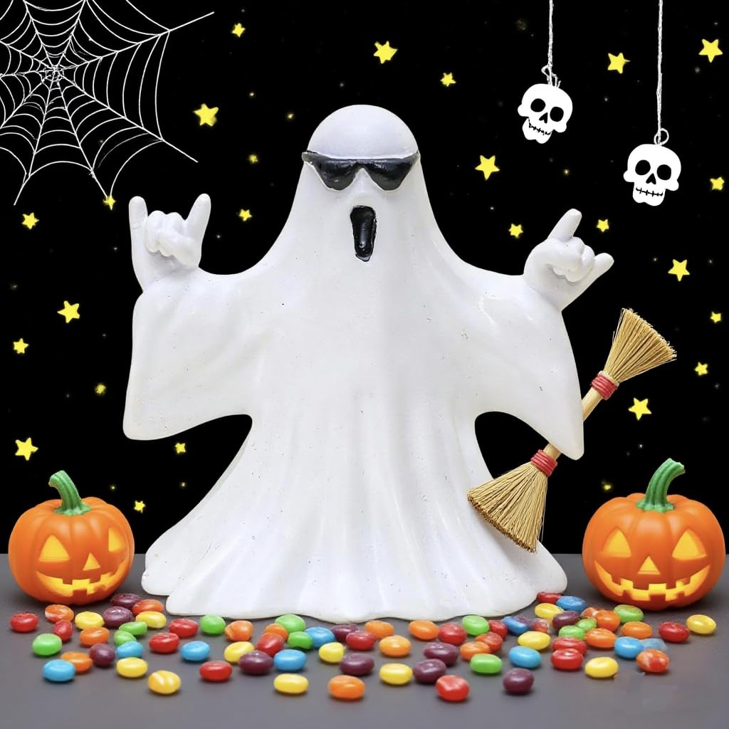 Halloween Ghost Figurine - Spooky Resin Ghost Statue, Cute Finger Spooky Decor for Halloween Decorations, Porch and Indoor Spooky Home Decor, Ghost with Glasses