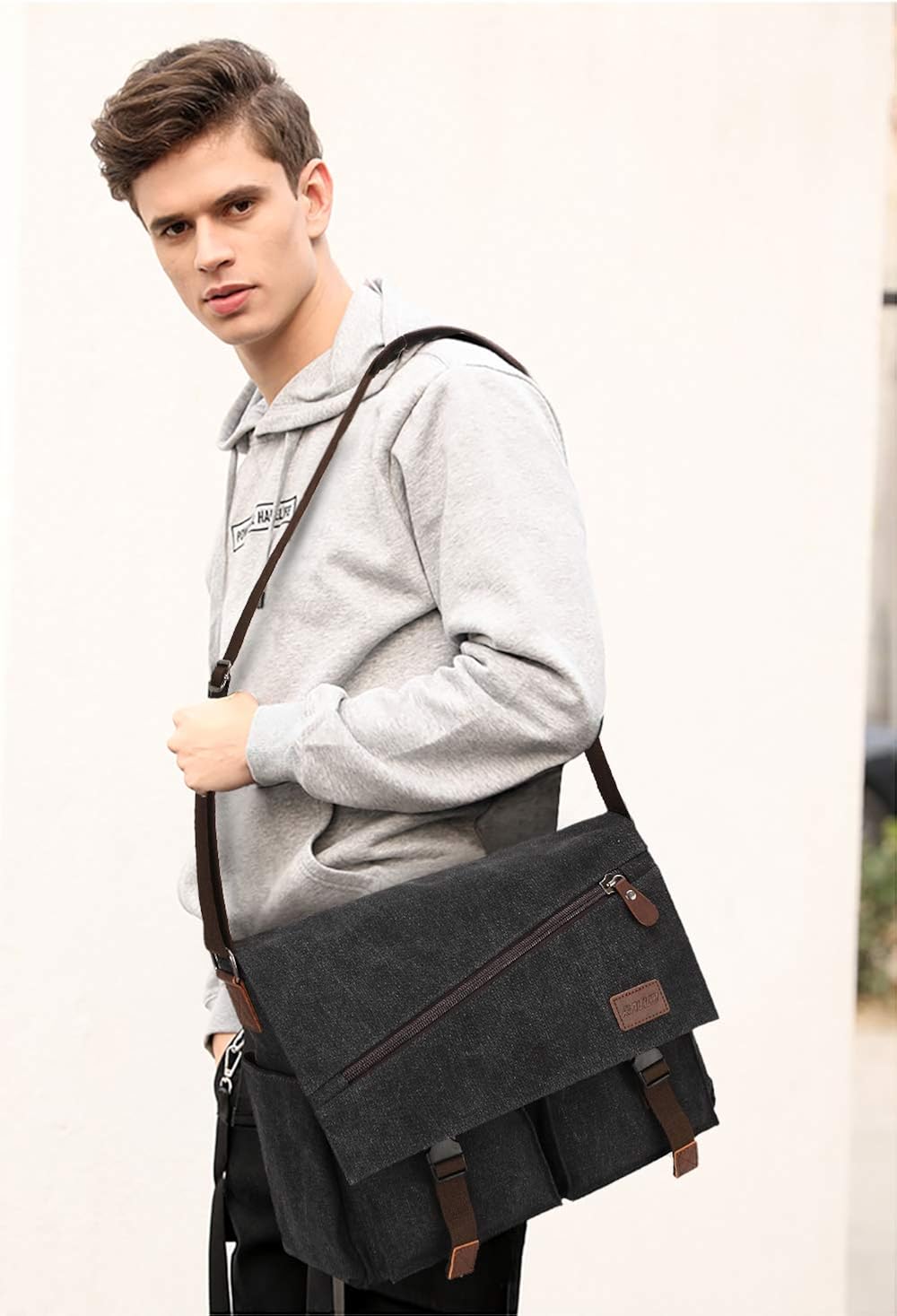 Messenger Bag For Men,Water Resistant Unisex Canvas Shoulder Bag Fits 14 Inch Laptop School Satchel Book Bag for Work and College: Shoes