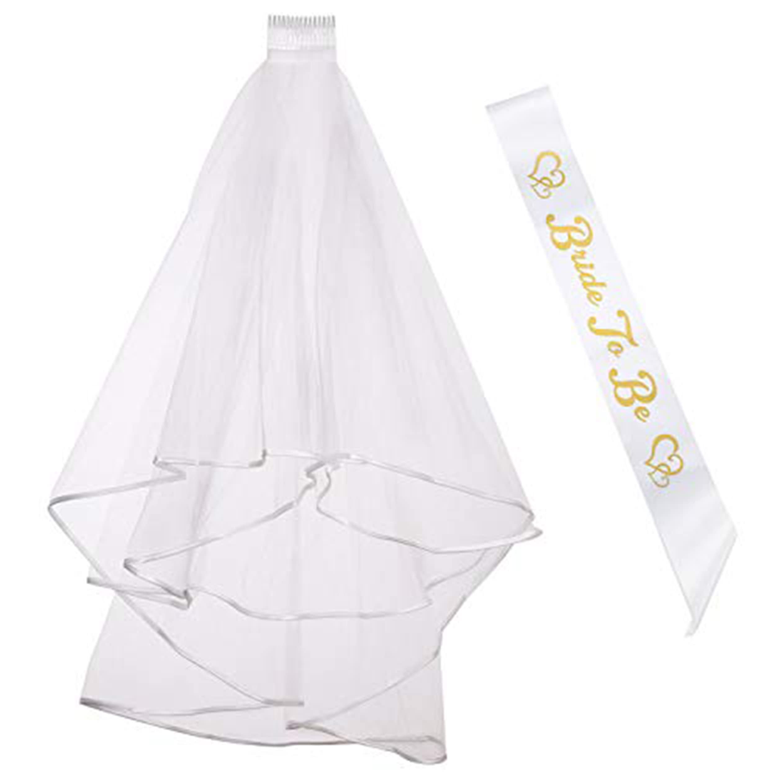 iLoveCos Bride to Be Sash Hen Do Accessories Bridal Wedding Veil with Comb White 2pcs