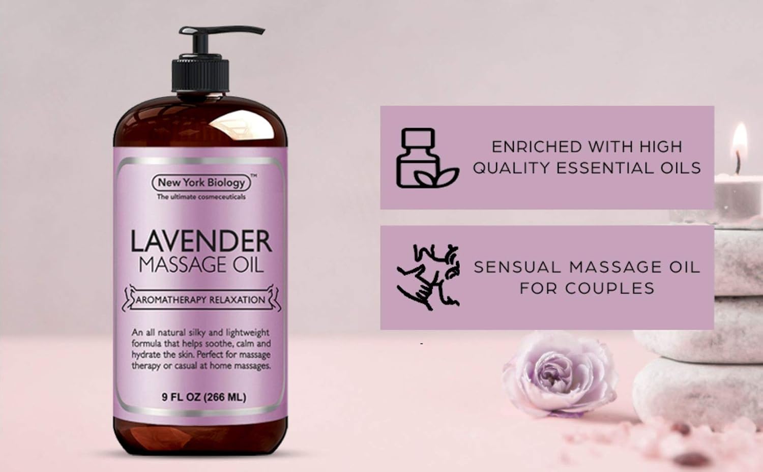 New York Biology Lavender Massage Oil - 100% Natural Ingredients - Sensual Body Oil Made with Essential Oils for Muscle Relaxation and Deep Tissue - 9 oz : Beauty