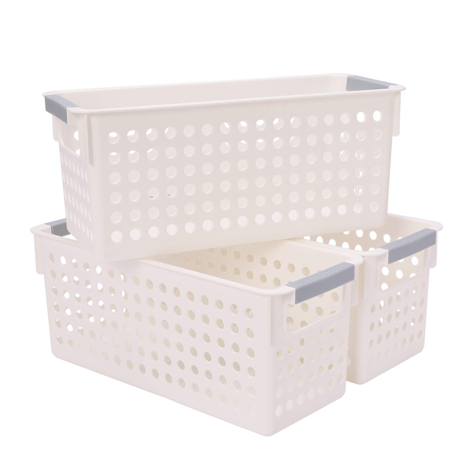 JAKAGO Small Plastic Storage Baskets Kitchen Cupboards Organiser Storage Baskets for Shelves -Set of 3 (White,S)
