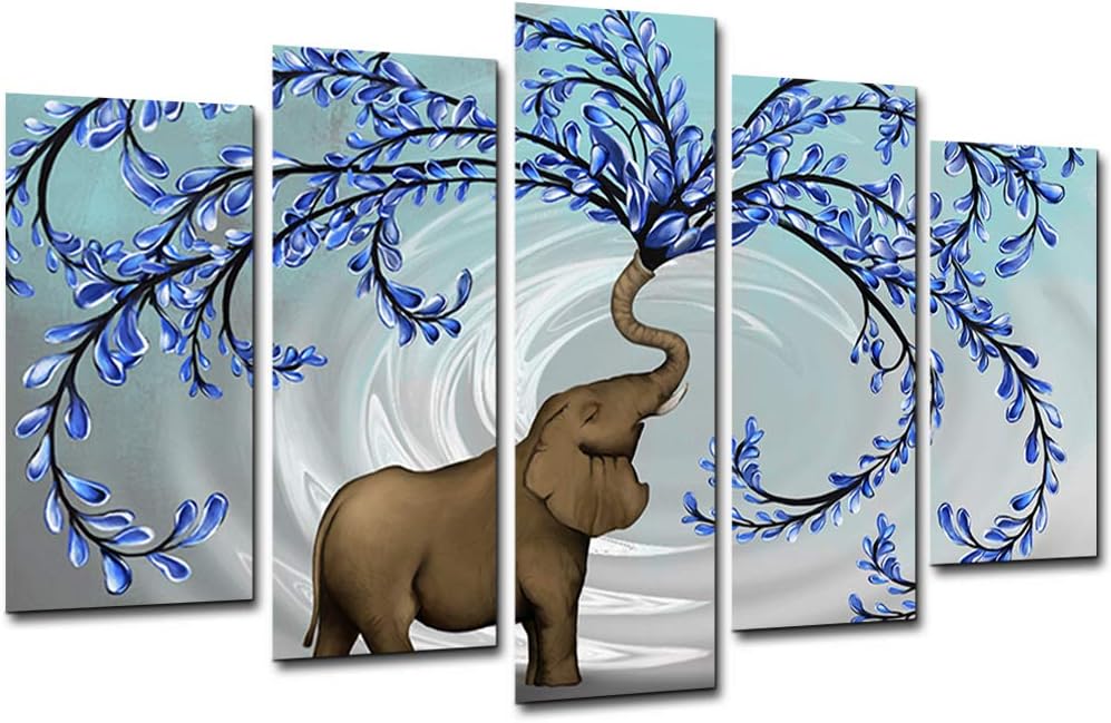 KLVOS Large 5 Panel Blue Tree Wall Art with Elephant Painting Wall Decor for Living Room Bedroom Original Painting Picture Giclee Prints on Canvas Stretched Gallery Wrap Ready to Hang W-40