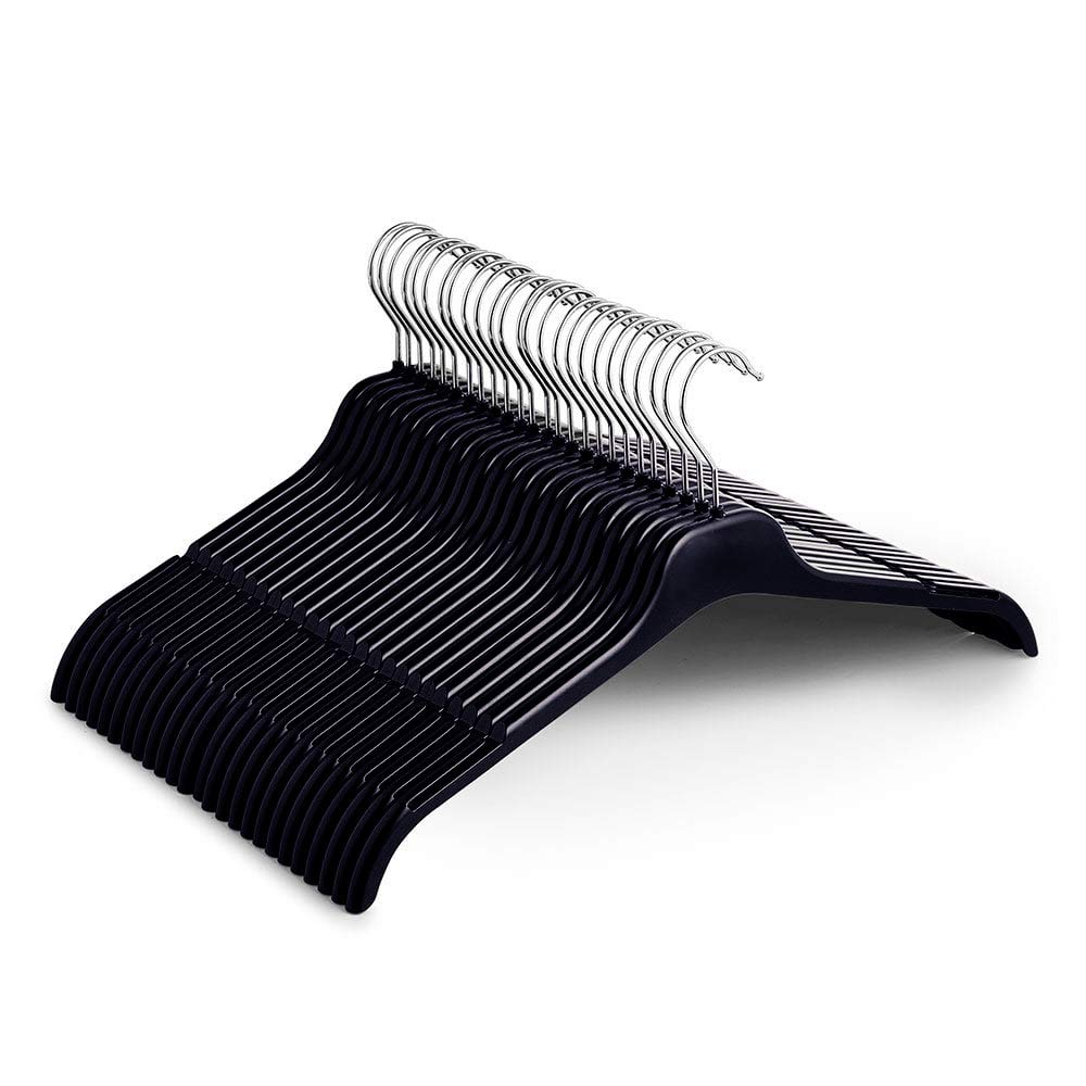 KAPCO 20 x Extra Wide Black Coat Hangers (43cm wide) | Strong Plastic Non-Slip Clothes Hangers with Shoulder Notches | Ideal for Heavy Clothing like Suits, Jackets, Knitwear & Jumpers | Swivel Hook