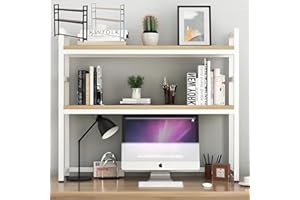 Japard Desk Hutch Desktop Bookshelf 37 inch Dorm Office Countertop 2 Tier x Wide Shelf, Middle Shelf Organizer Height Adjustable (White x Light Brown, Width 37")