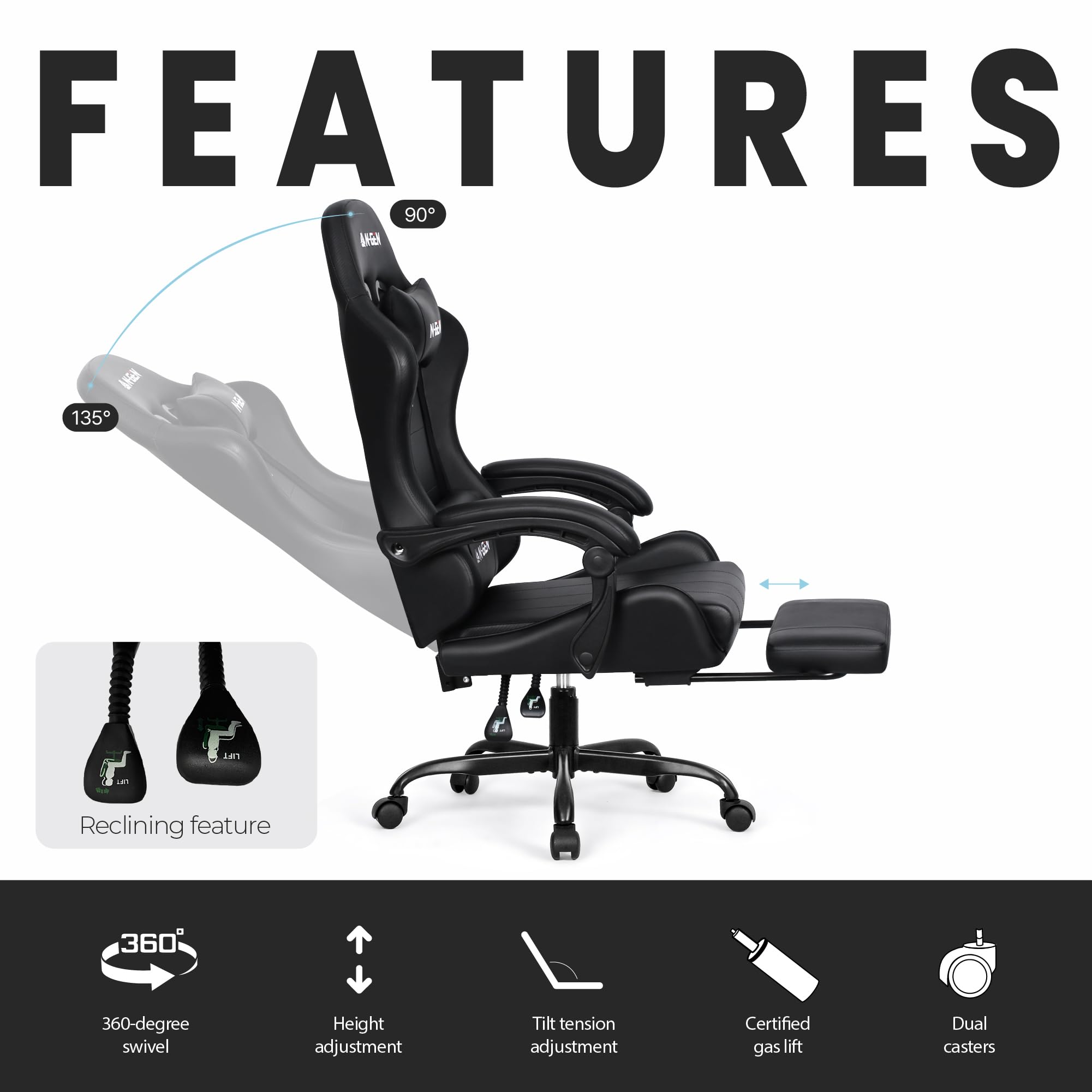 N-GEN GAMING Video Gaming Chair with Footrest High Back Ergonomic Comfortable Office Computer Desk with Lumbar Support Height Adjustable with PU Leather Recliner for Adults Women Men (Black) - Image 4