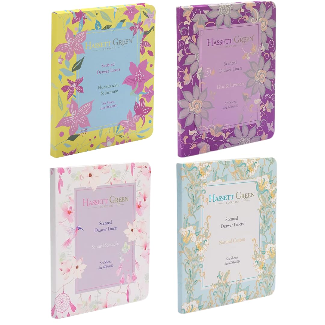 Hassett Green London Four Pack Scented Drawer Liners - Honeysuckle & Jasmine - Lilac & Lavender - Sensual Sensuelle - Natural Cotton - 6 Sheets size 600 x 400 In Every Box