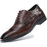Mens Crocodile Print Square Toe Oxfords Business Brogue Leather Derby Formal Shoes Vintage Wingtip Dress Shoes