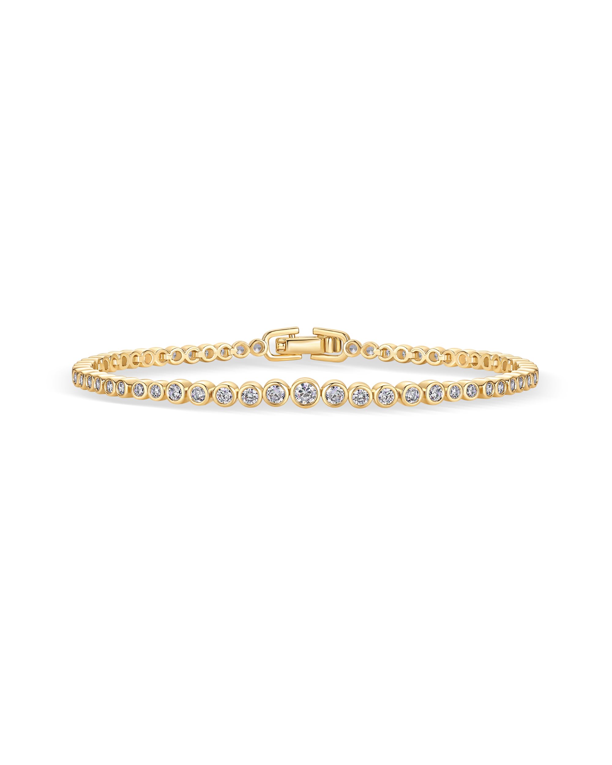 Photo 1 of *BROKEN* PAVOI 14K Yellow Gold Plated Graduated Simulated Diamonds Bezel Set Tennis Bracelets for Women - Cubic Zirconia Stones Round Statement Bride Gold Bracelet Stack - Size 7"