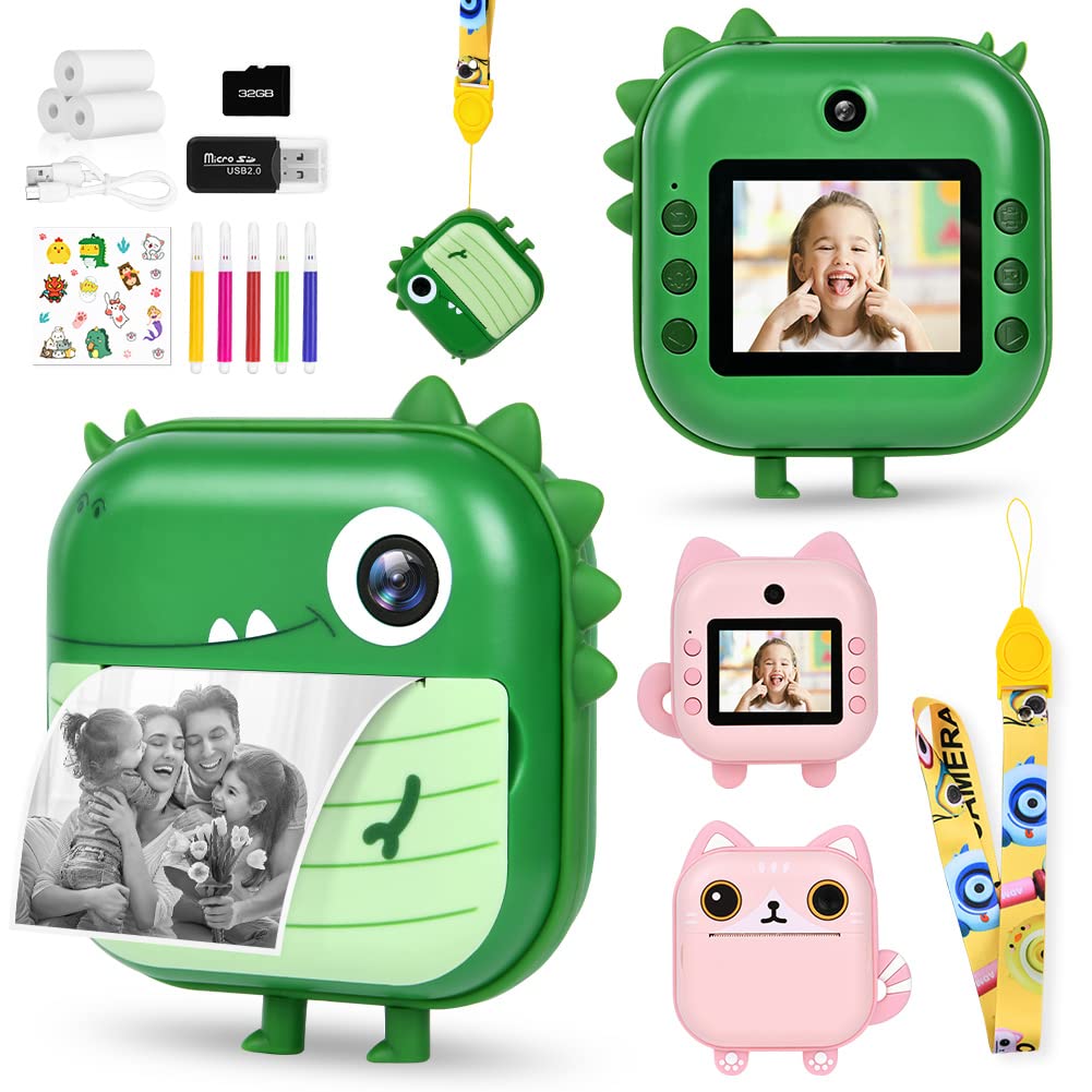 Ainiv Instant Print Camera for Kids - Dual 1080P Camera with 3 Rolls Print Papers, 32GB SD Card, 5 Color Pens - Gifts for 3-12 Year Old Boys & Girls, Green