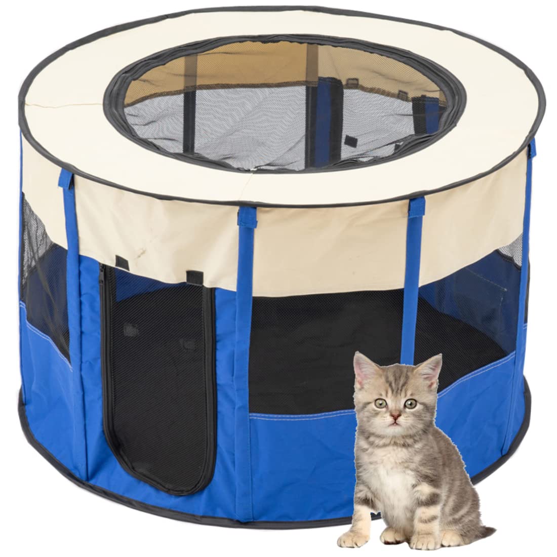 Floving Collapsible Round Park Portable Pet Park Indoor/Portable Foldable Pet Dog Cat Puppy Playpen (blue-S)