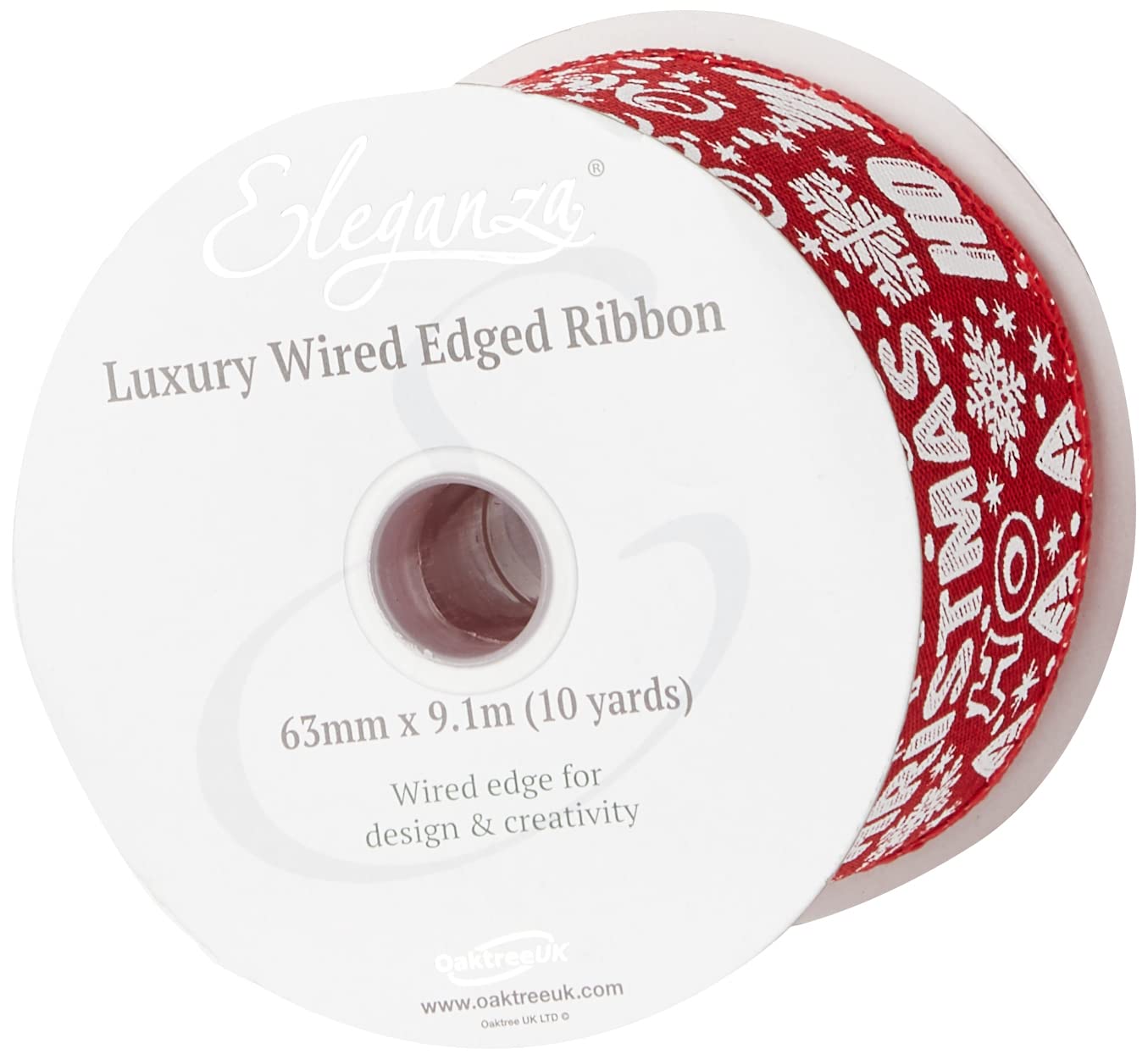 Oaktree UK Eleganza Wired Edge Merry Christmas Ribbon 63mm x 9.1m Design No.391, red, 653573