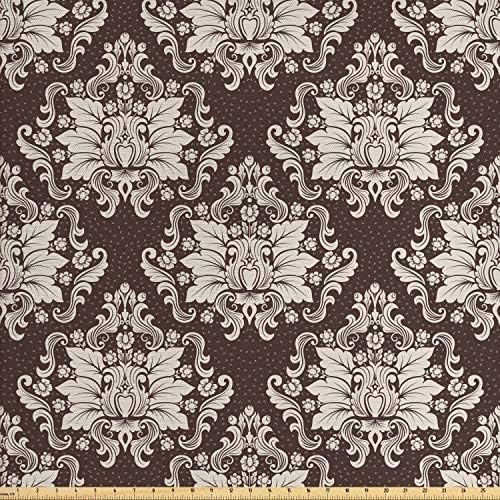 Ambesonne Damask Fabric by The Yard, Victorian Floral Pattern with Blooming Foliage Leaves on Dark Toned Backdrop, Decorative Fabric for Upholstery and Home Accents, 2 Yards, Beige Brown