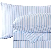 MCO 4Pieces Striped Sheets Set, Breathable Queen Sheet Set with 16" Deep Pocket,Modern & Luxury, Brushed Microfiber Bedding Set(Queen, Blue Simple)