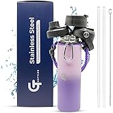 GT BOTTLES 22oz Stainless Steel Vacuum Insulated Wide Mouth Water Bottle with 3 Lids and Paracord Handle for Hot & Cold Beverage (Light Purple/Purple, 22oz)
