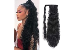YEAME Corn Wave Ponytail Extension Clip in - 22 Inch Long Wavy Curly Wrap Around Pony Tail Heat Resistant Synthetic Hairpiece for Women (Natural Black #1B)