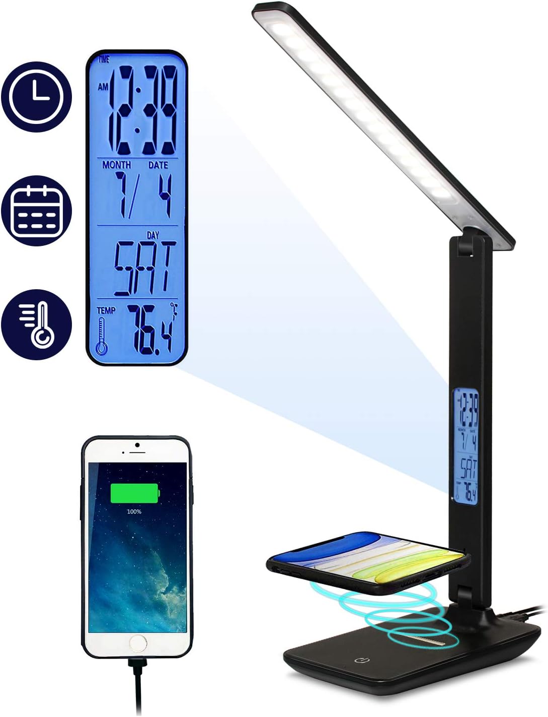 TEQStone Dimmable LED Desk Lamp with Wireless Charging LCD Display USB Charging Port, Adjustable Color & Brightness Levels, Eye Protection Foldable Reading Light