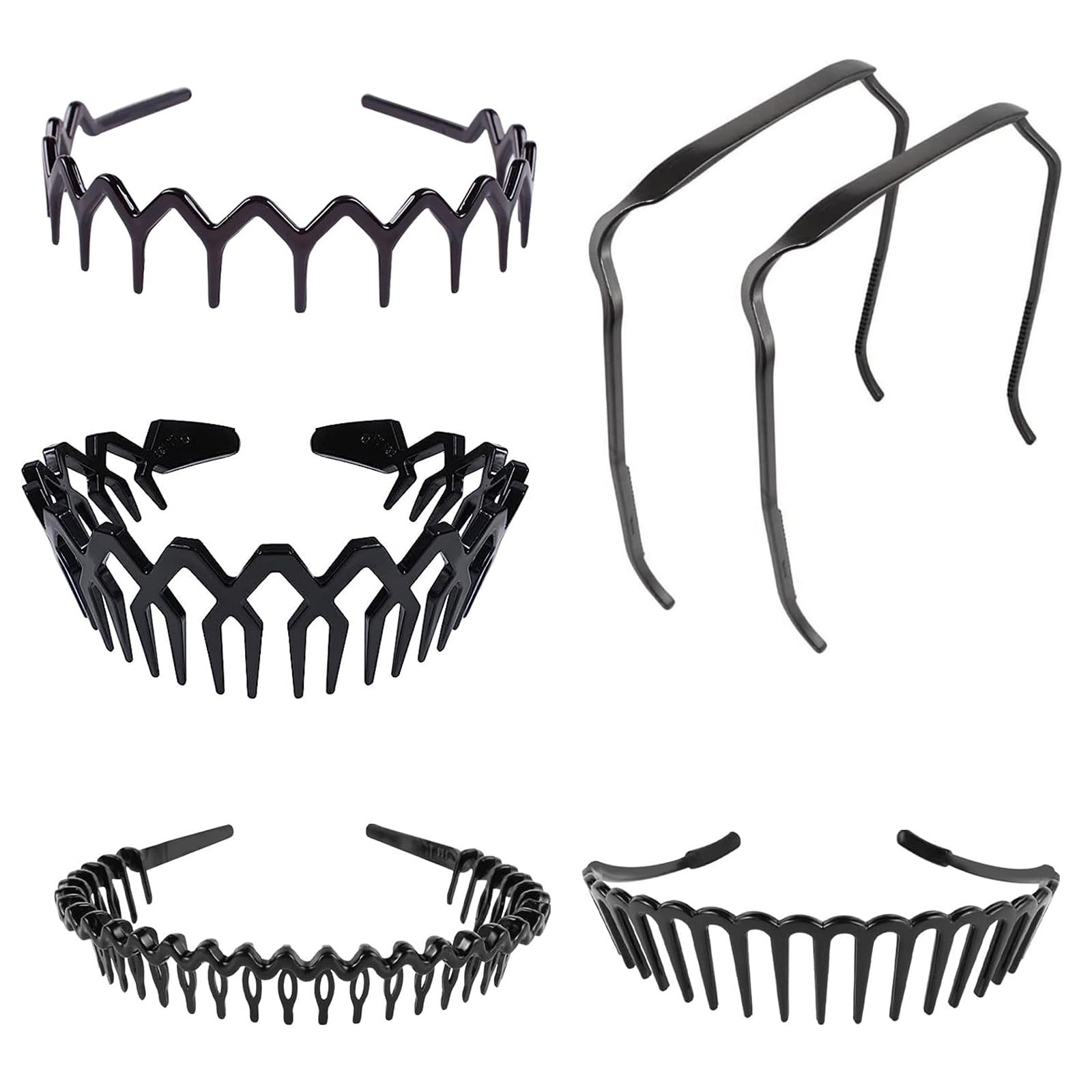 Eowppue 6 Pcs Curly Thick Hair Headband Sharks Tooth Headband for Women Girls, Plastic Hair Bands Wavy Hair Comb Headband Hard Hair Bands for Women Men Girls, 5 Styles