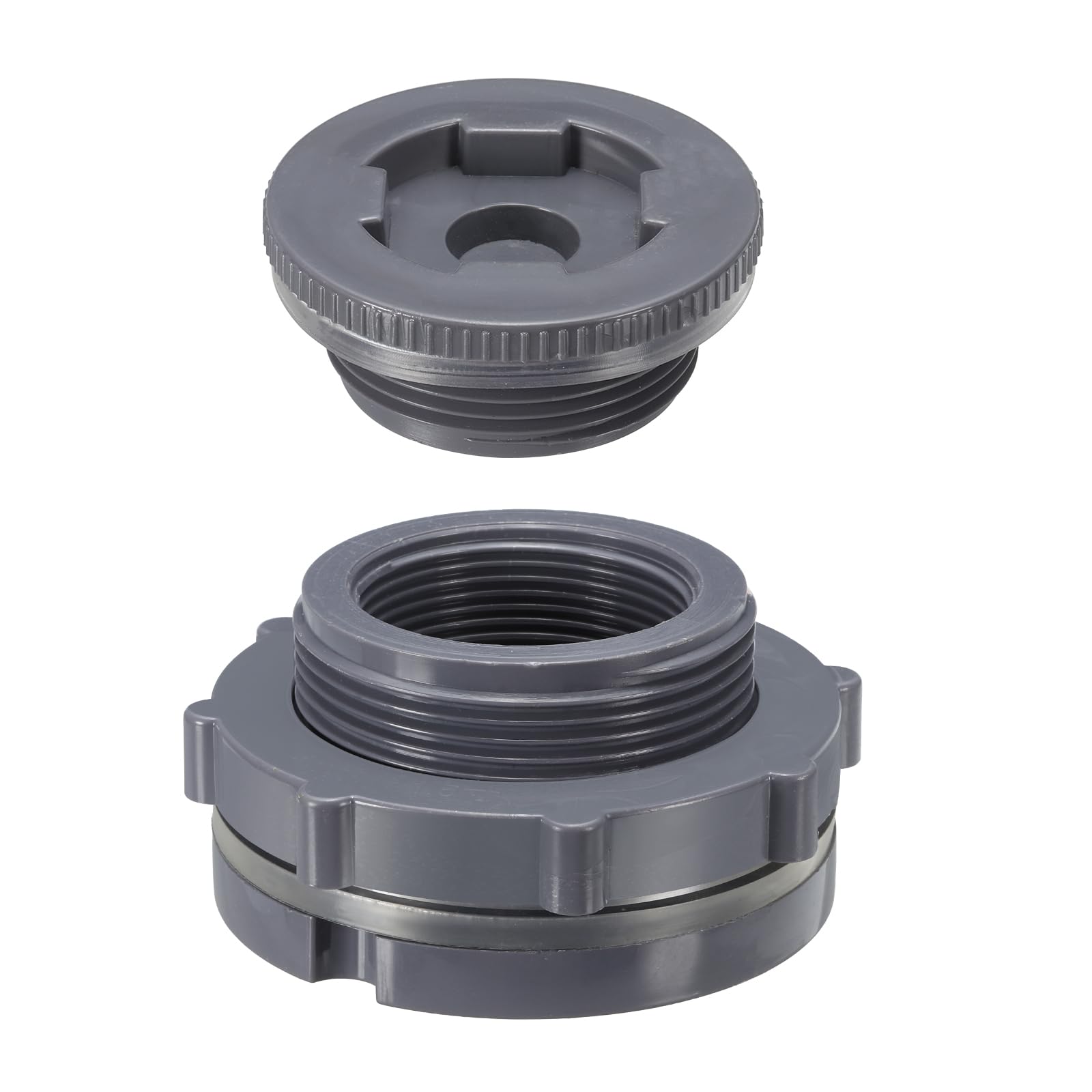 PATIKIL PVC Bulkhead Fitting with Plug NPT1-1/2, Bulkhead Water Tank Connector with Silicone Seal Gasket Garden Hose Fitting with Plug for Rain Bucket, Sinks, Aquariums, Gray