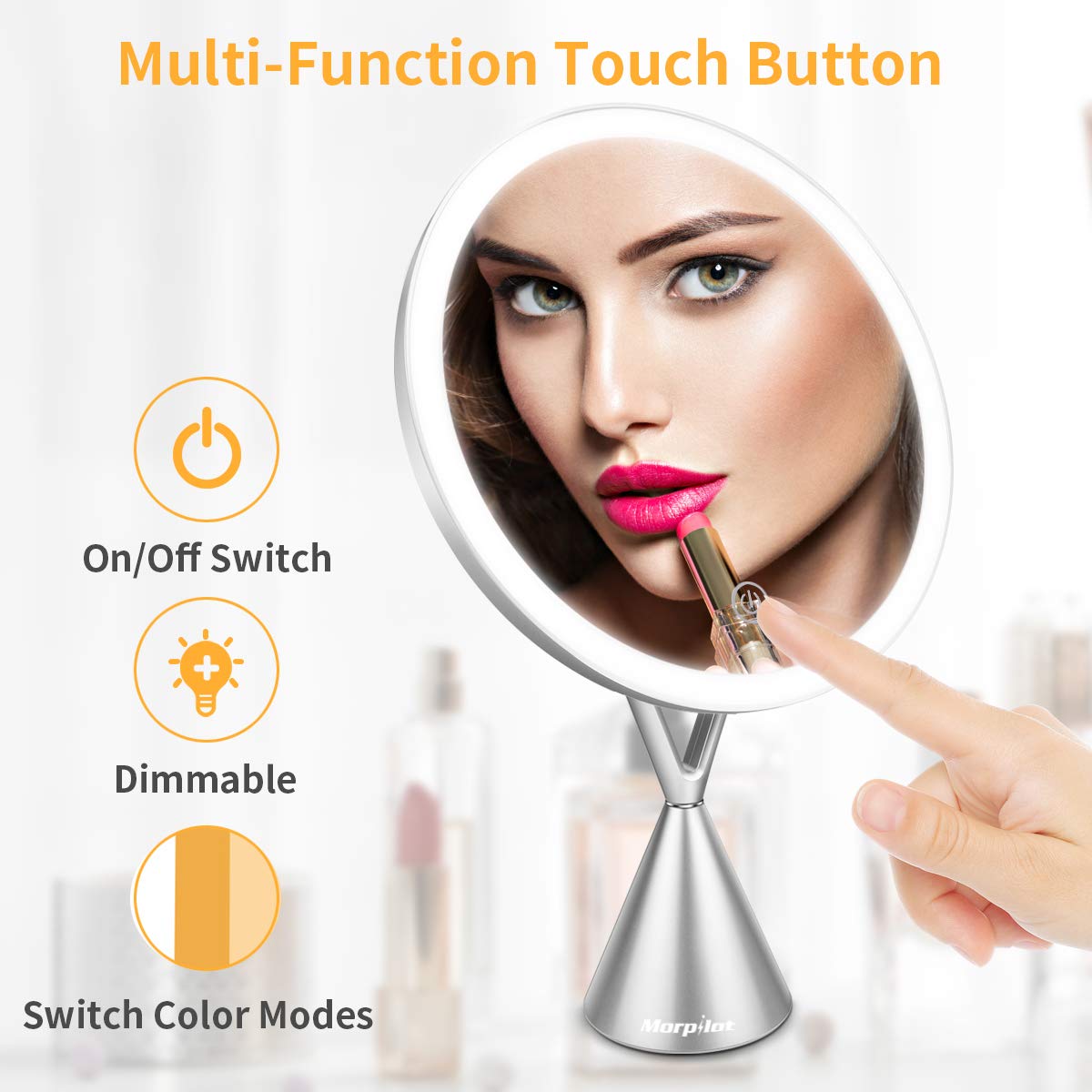 Lighted Makeup Vanity Mirror with 60 LEDs, 1x/5x Magnification, 3 Color Lighting Modes 8\'\' Rechargeable Mirror with Dimmable Touch Screen