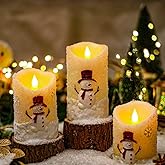 LCZLUMIPRO Snowman Flameless Candles with Remote & Timer - 3 Pcs Winter Battery Operated LED Pillar Candles, Real Wax Electric Candles in Warm White for Christmas Table, Mantel & Home Decor