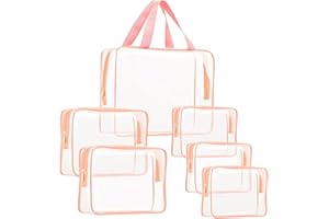 ROYBENS 6Pcs Crystal Clear PVC Travel Toiletry Bag Kit for Women Men, Waterproof Vinyl Packing Organizer Storage Bags with Zipper Handle Straps, Cosmetic Pouch Carry on Airport Airline Compliant Bag Handbag