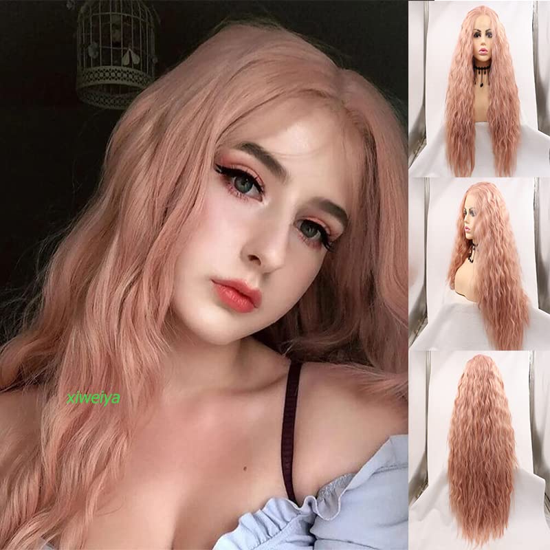 Xiweiya Mixed Color Orange Pink 13 * 4 Lace Front Wigs Long Loose Curly Rose Golden SyntheticLace Front Wig Natural Hairline Heat Resistant Fiber Glueless Wigs for Women 24inch