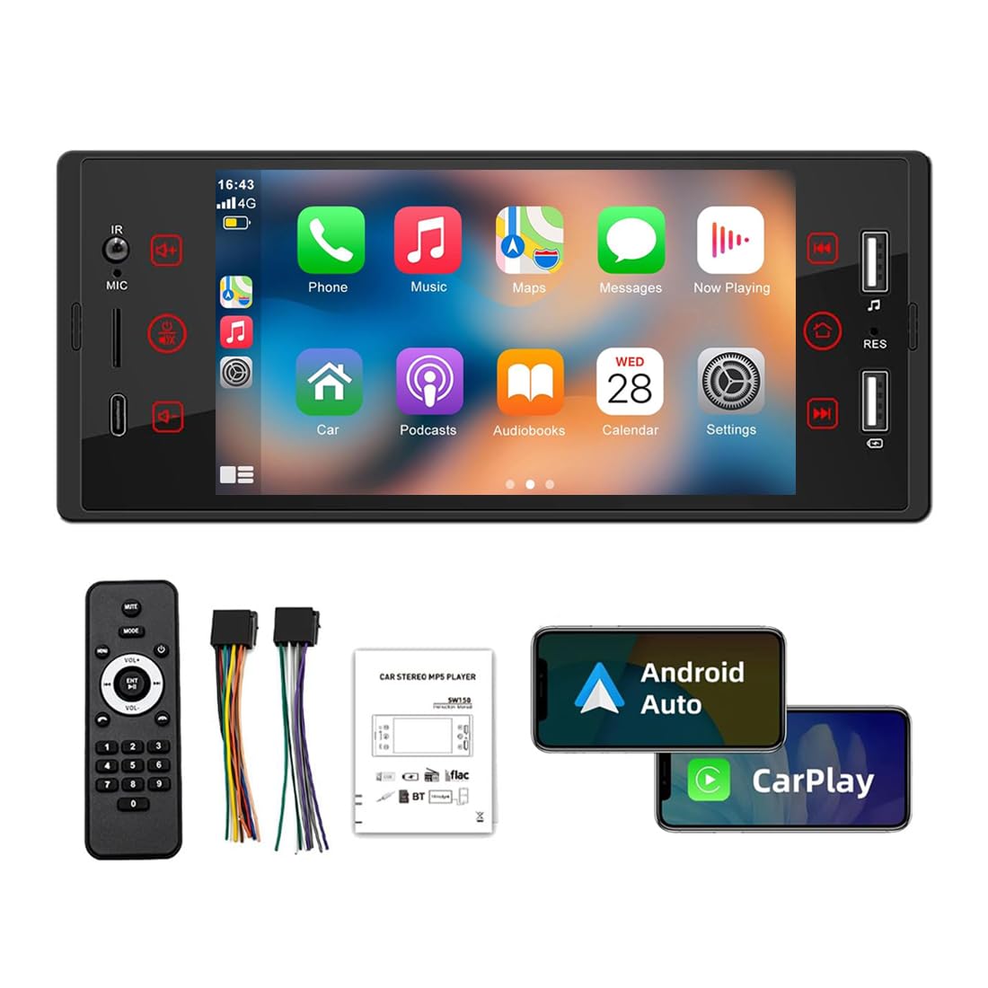 BOOMBOOST Single Din Car Stereo with Wireless Carplay Android Auto, 5 Inch Touchscreen Car Radio with Mirror Link Bluetooth Handsfree FM Raido USB Type C Charging TF EQ SWC