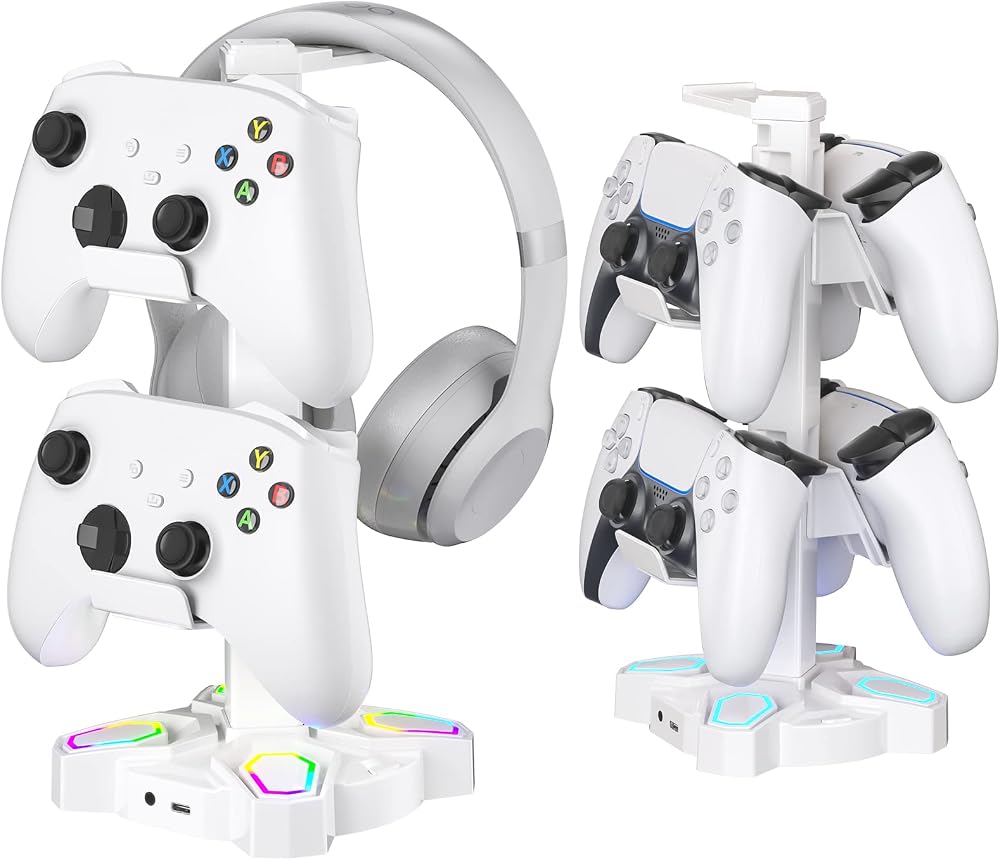KDD Gaming Headphone Stand Rotatable w 9 Light Modes Controller Holder 2 USB