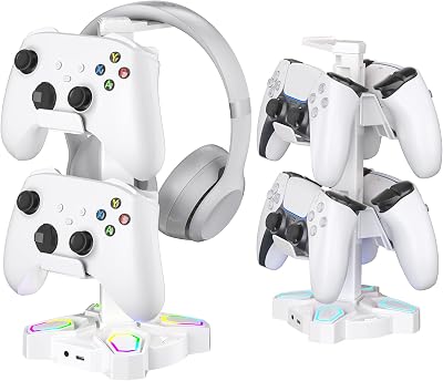 KDD Gaming Headphone Stand Rotatable w 9 Light Modes Controller Holder 2 USB