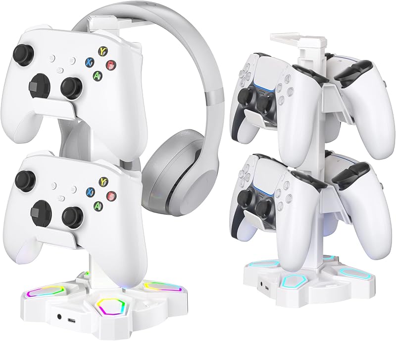 KDD Gaming Headphone Stand Rotatable w 9 Light Modes Controller Holder 2 USB