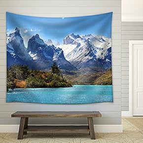 Azure Lake Pehoe at The Foot of The Magnificent Snow-Covered Cliffs - Fabric Wall Tapestry Home Decor - 51x60 inches