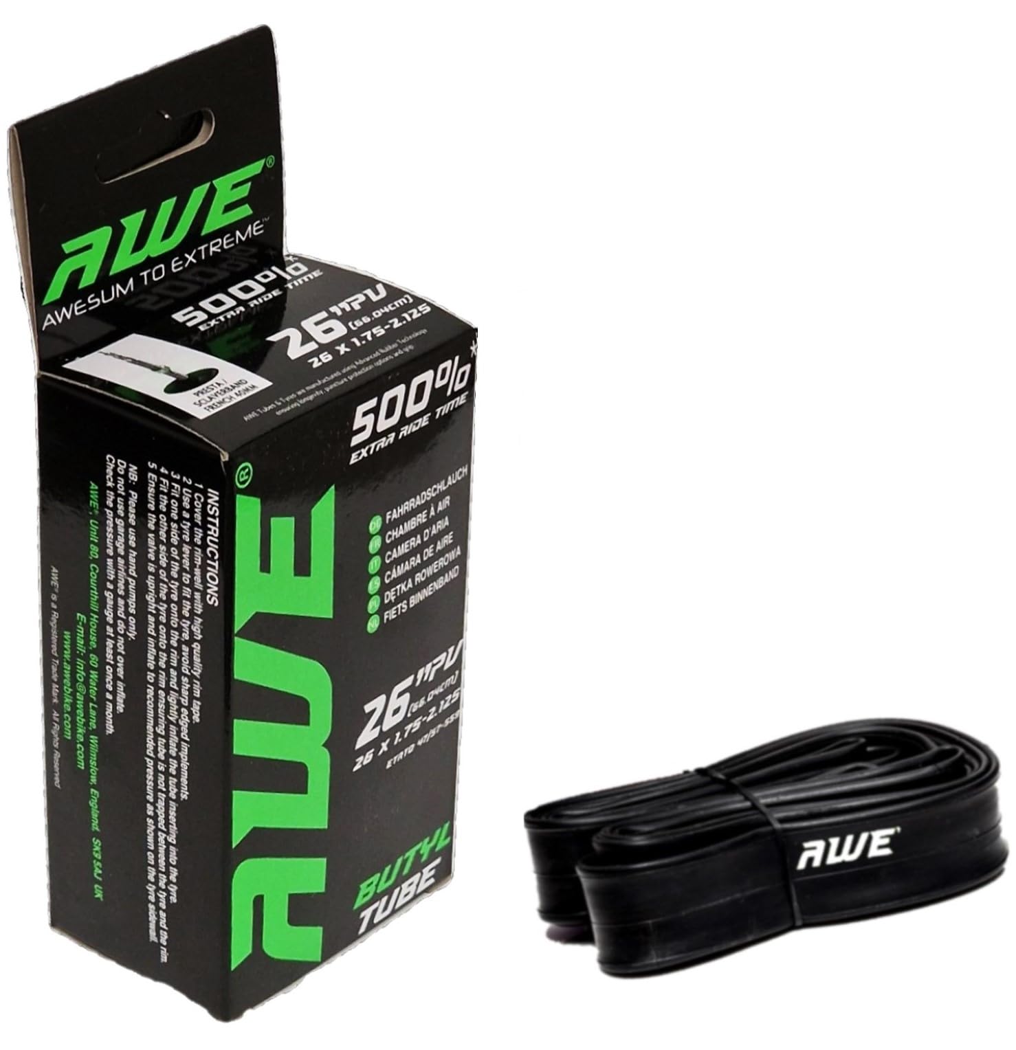 AWE Butyl Rubber 26 Inch Inner Tube 500%* Extra Ride Time 26 x 1.75-2.125 Presta Valve