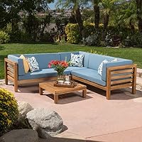 Sale Ravello Outdoor Patio Furniture 4 Piece Wood Outdoor Sectional Sofa Set W Water Resistant Cushions Blue Frame Dark Gray Pe