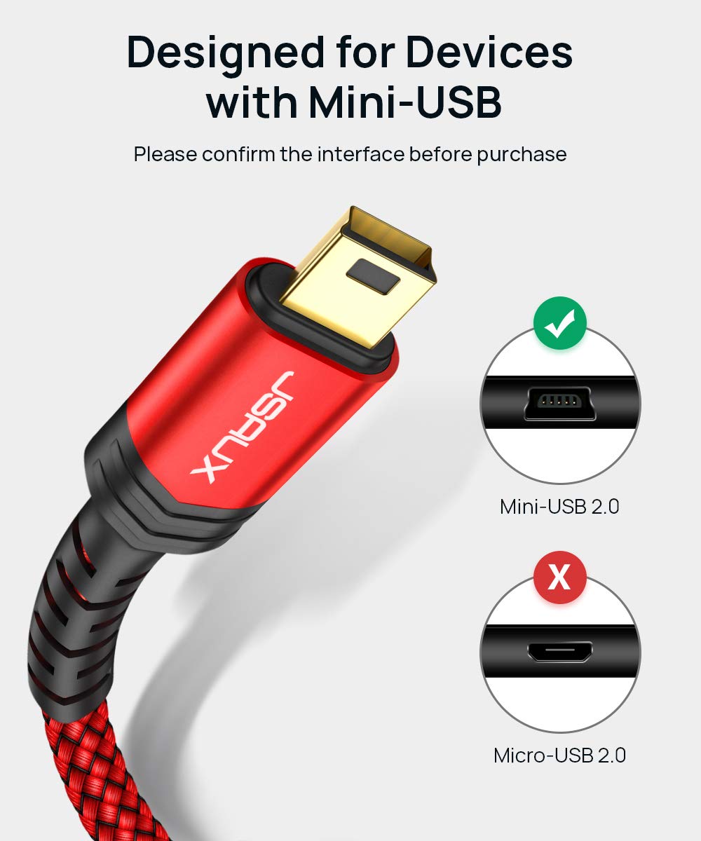 JSAUX Mini USB Cable[2-Pack 3.3ft+6.6ft], USB 2.0 Type A to Mini B Fast Charging Braided Cord Compatible with Blue Yeti Microphone Garmin Nuvi GPS 50 55 Ti-84 Plus CE Canon Rebel t7 Camera Gopro Red