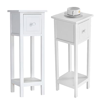 Pair Wooden White Slim Tall Bedside Side Table Drawer Cabinet