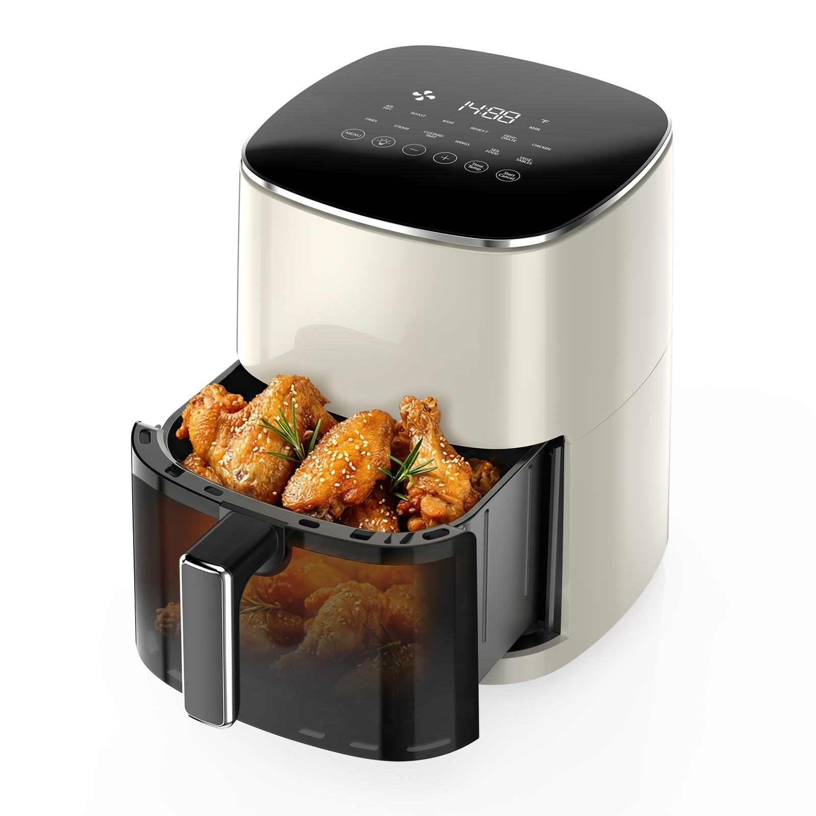 OLIXIS Air Fryer 6 Quart with Window Square Airfryer 12-in-1 Air Frys, Roast, Reheat, Dehydrate, Bake, Steam, Fries, Custard, Chicken, Wings, Sea Food, Vegetabels,400F, White