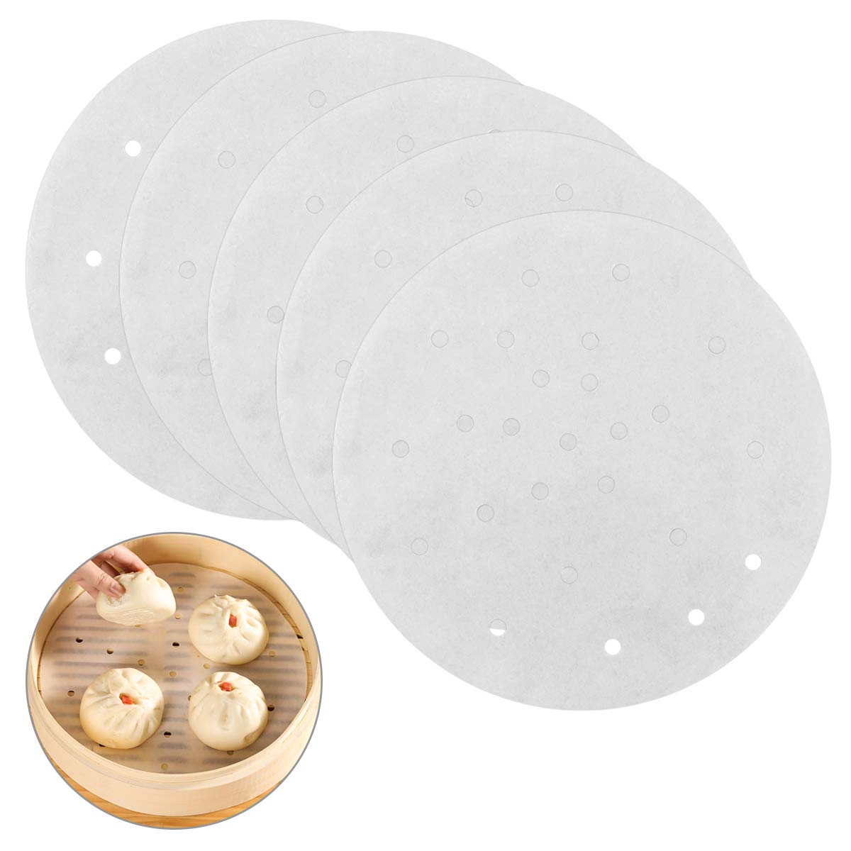 100 Pcs Perforated Baking Paper, Round Parchment Paper Air Fryer Liners, Unbleached Non Stick Bamboo Steamer Paper, Dim Sum Paper Circle Cake Tin Liners for Cake Pan, Oven, Cooking, 8 inch
