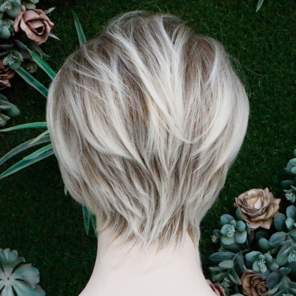 Queentas Brown Mixed Blonde Pixie Cut Short Wig with Bangs Dark Roots Heat Resistant Synthetic Hair Wigs for Women - Image 5